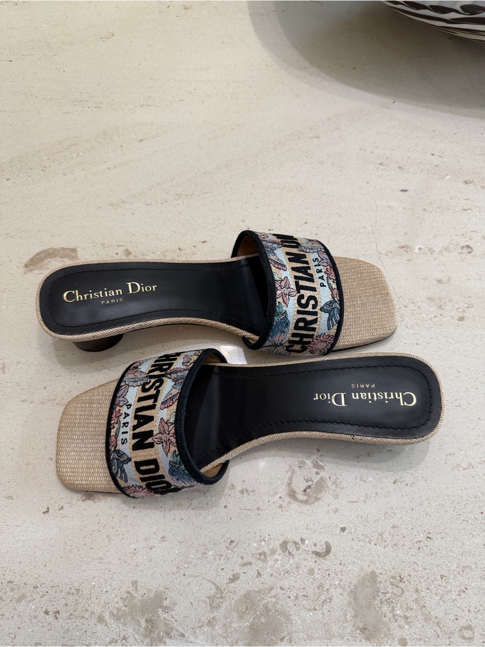 Dior Beige Floral Logo Slide Mules with Black Insole - Picture 2 of 5